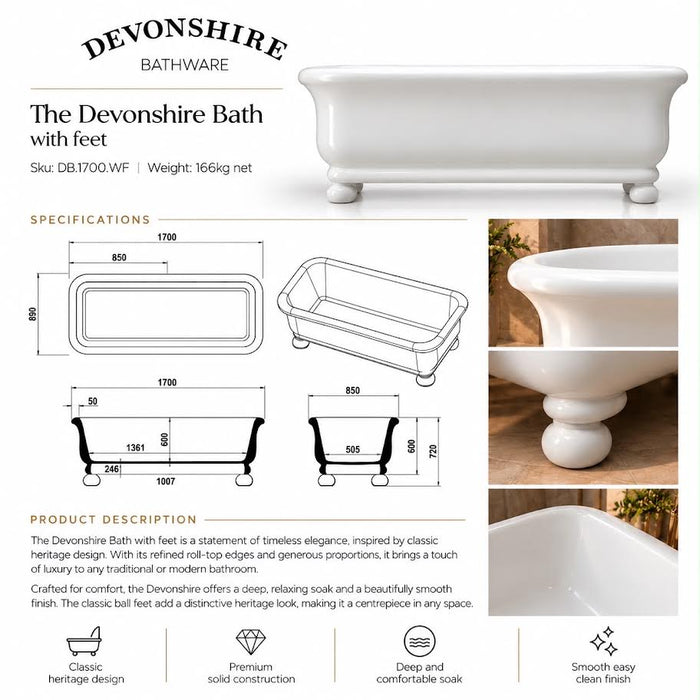 The Bathroom Society Devonshire Bath 1700mm Titan Cast Solid Surface Bath Gloss White - Clearance