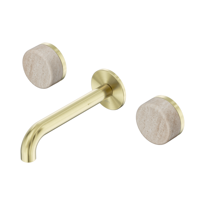 Nero Serenity Wall Basin Set 160mm Spout With Rome Travertine Handle - Brushed Gold