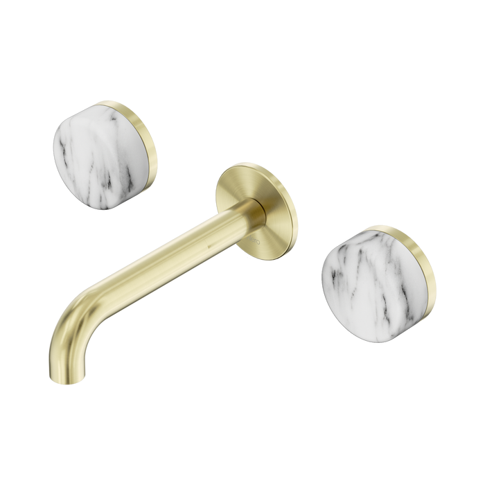 Nero Serenity Wall Basin Set 160mm Spout With Arabescato Corchia Handle - Brushed Gold