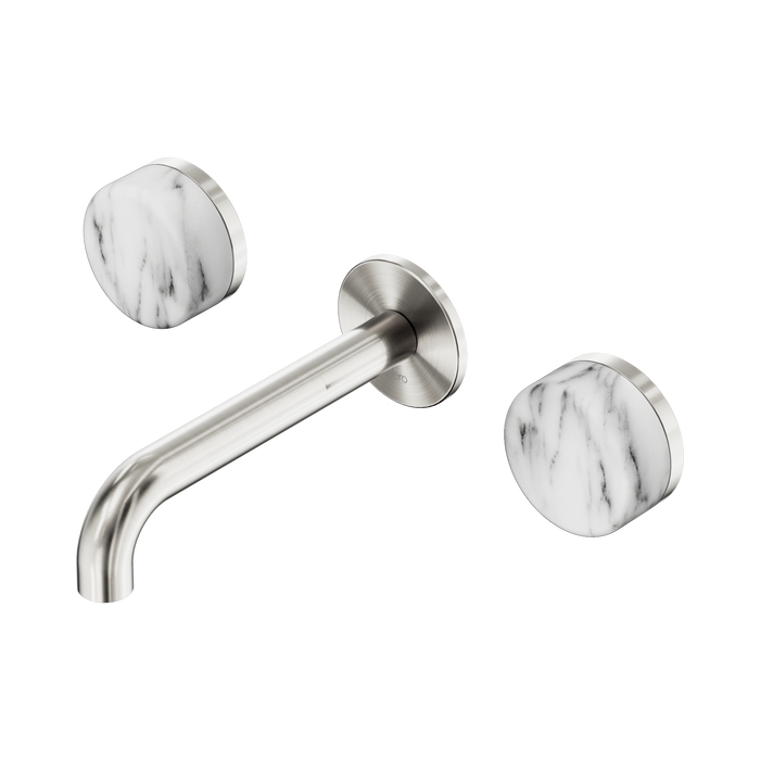Nero Serenity Wall Basin Set 160mm Spout With Arabescato Corchia Handle - Brushed Nickel