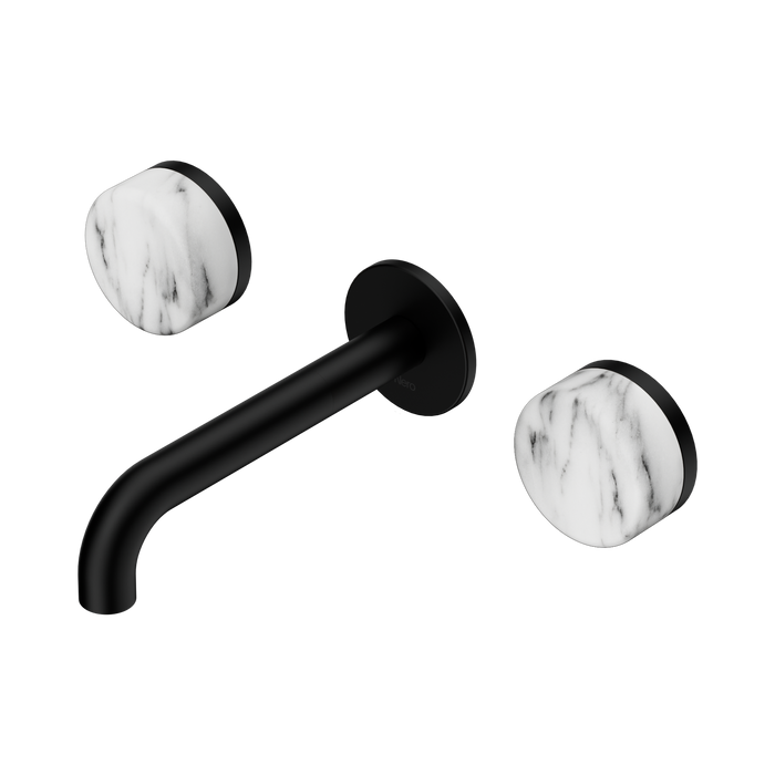 Nero Serenity Wall Basin Set 160mm Spout With Arabescato Corchia Handle - Matte Black