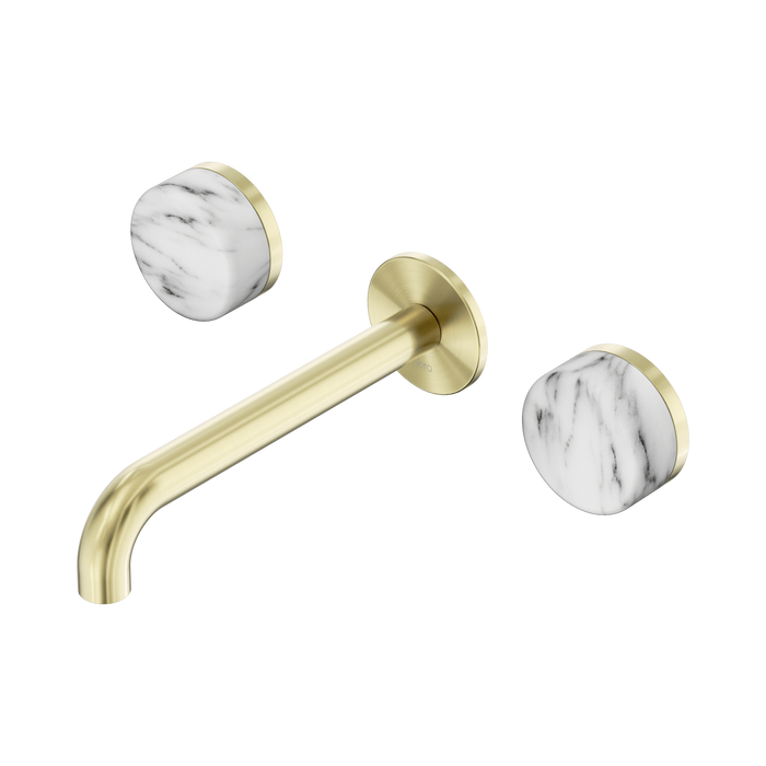Nero Serenity Wall Basin Set 185mm Spout With Arabescato Corchia Handle - Brushed Gold