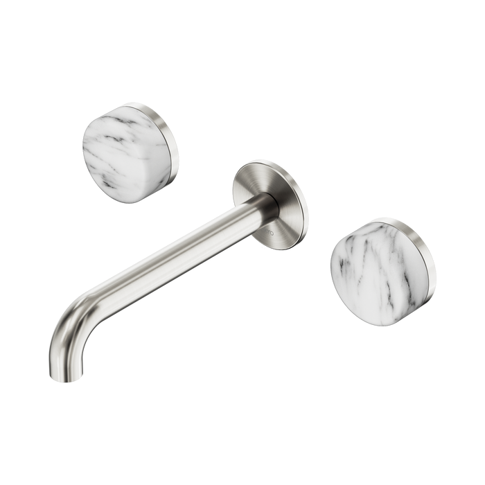 Nero Serenity Wall Basin Set 185mm Spout With Arabescato Corchia Handle - Brushed Nickel