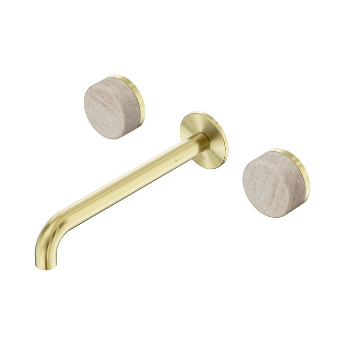 Nero Serenity Wall Basin Set 220mm Spout With Rome Travertine Handle - Brushed Gold