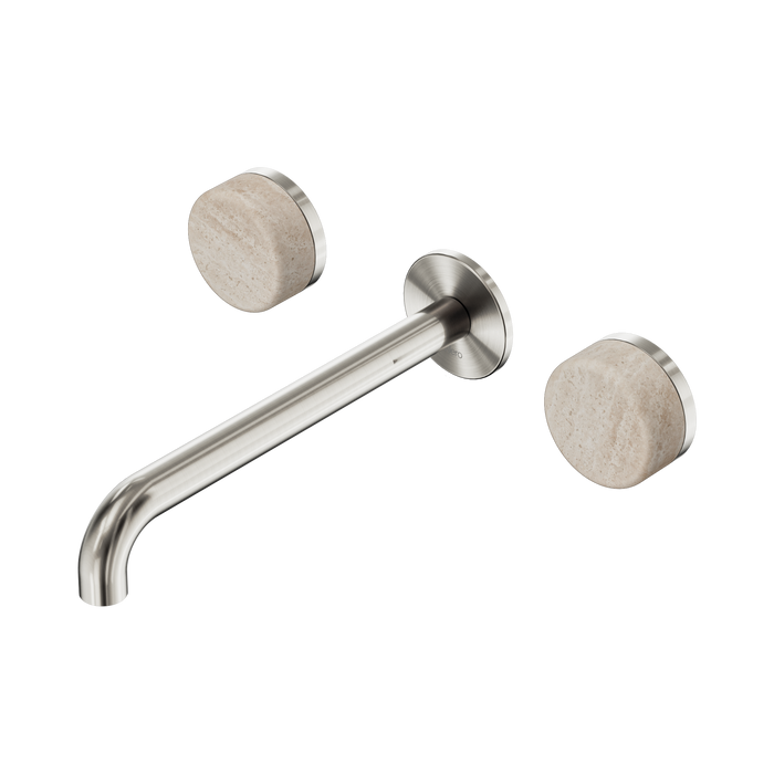 Nero Serenity Wall Basin Set 220mm Spout With Rome Travertine Handle - Brushed Nickel