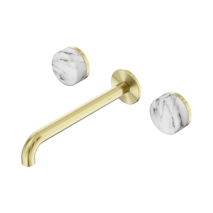 Nero Serenity Wall Basin Set 220mm Spout With Arabescato Corchia Handle - Brushed Gold