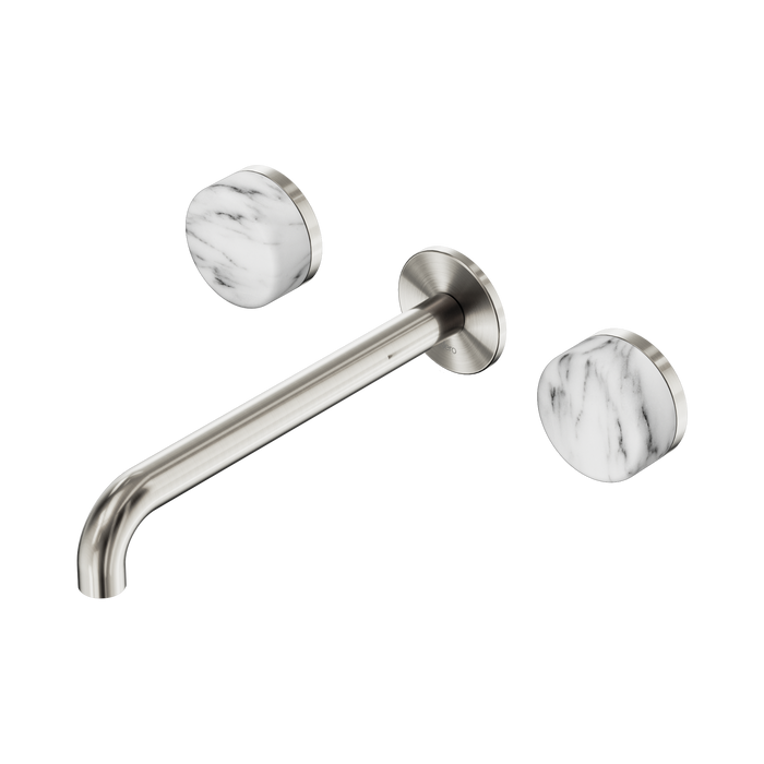 Nero Serenity Wall Basin Set 220mm Spout With Arabescato Corchia Handle - Brushed Nickel