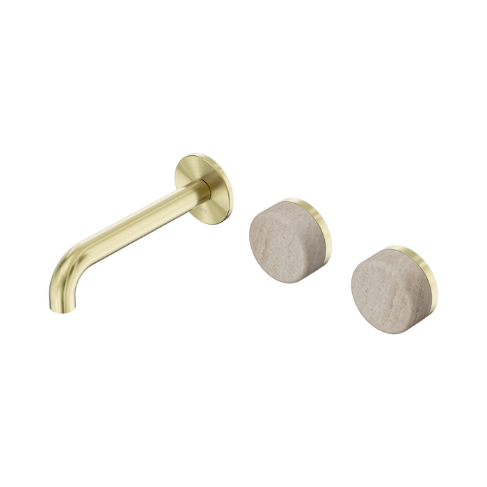 Nero Serenity Wall Basin Set 160mm Offset Spout With Rome Travertine Handle - Brushed Gold