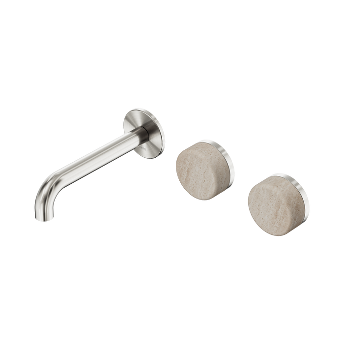 Nero Serenity Wall Basin Set 160mm Offset Spout With Rome Travertine Handle - Brushed Nickel