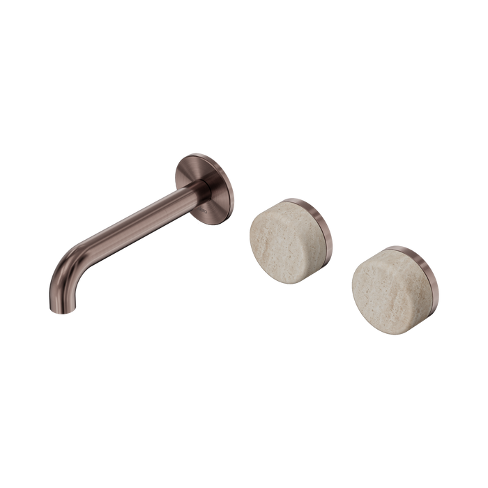 Nero Serenity Wall Basin Set 160mm Offset Spout With Rome Travertine Handle - Brushed Bronze