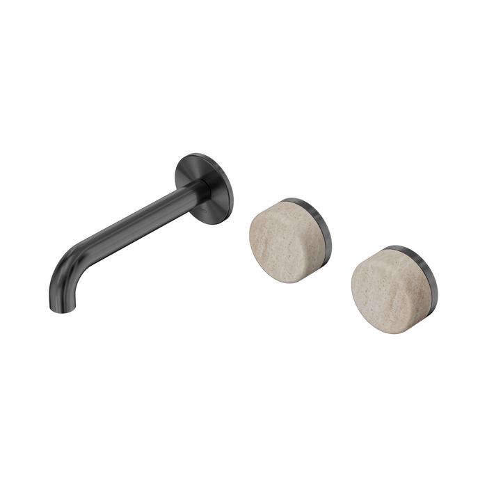 Nero Serenity Wall Basin Set 160mm Offset Spout With Rome Travertine Handle - Gun Metal