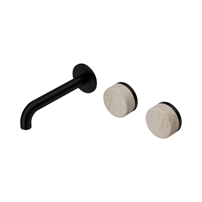 Nero Serenity Wall Basin Set 160mm Offset Spout With Rome Travertine Handle - Matte Black