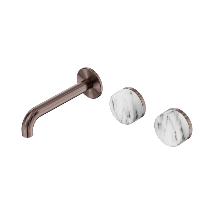 Nero Serenity Wall Basin Set 160mm Offset Spout With Arabescato Corchia Handle - Brushed Bronze