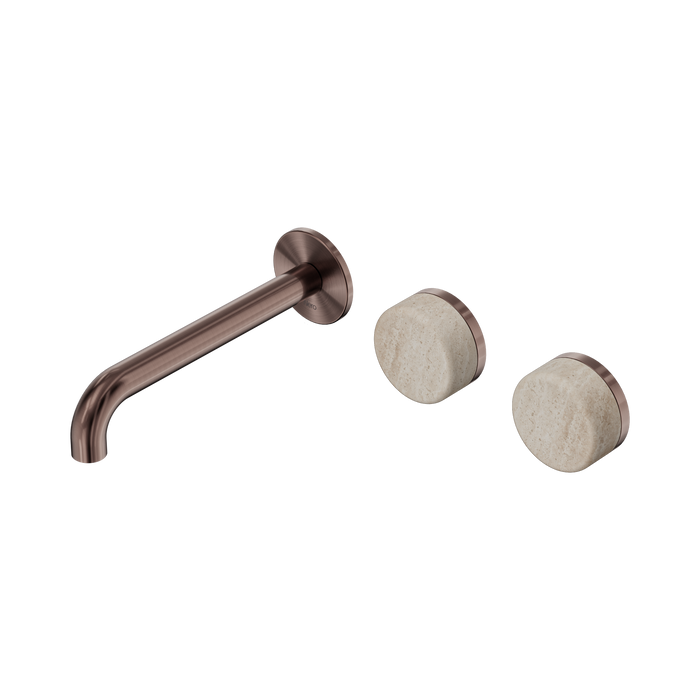 Nero Serenity Wall Basin Set 185mm Offset Spout With Rome Travertine Handle - Brushed Bronze