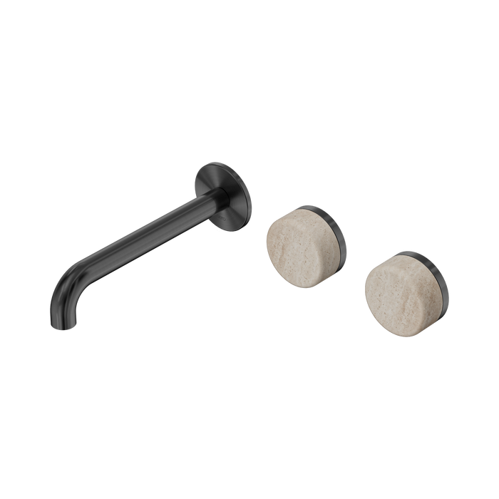 Nero Serenity Wall Basin Set 185mm Offset Spout With Rome Travertine Handle - Gun Metal