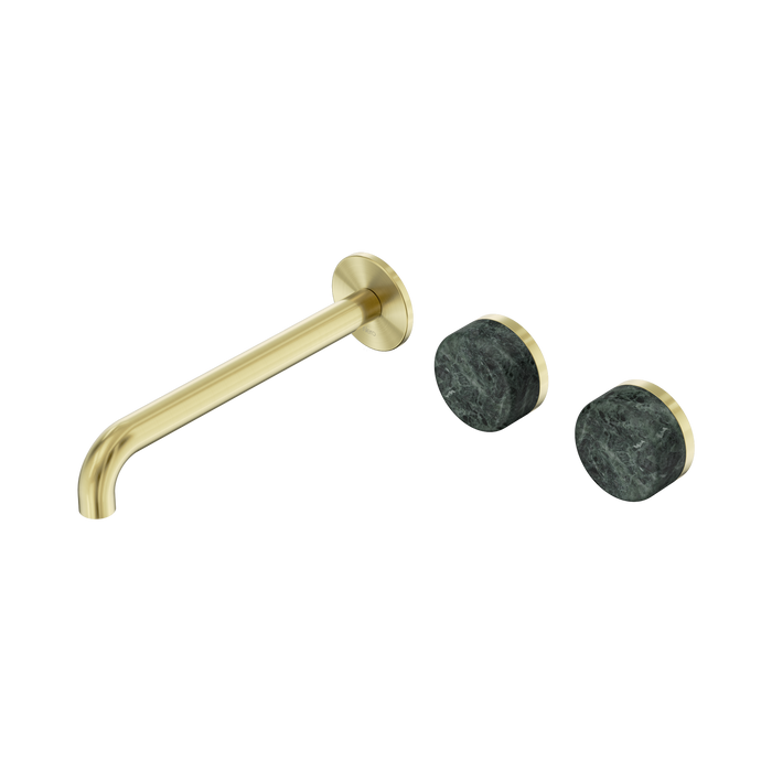 Nero Serenity Wall Basin Set 220mm Offset Spout With Verde Alpi Handle - Brushed Gold