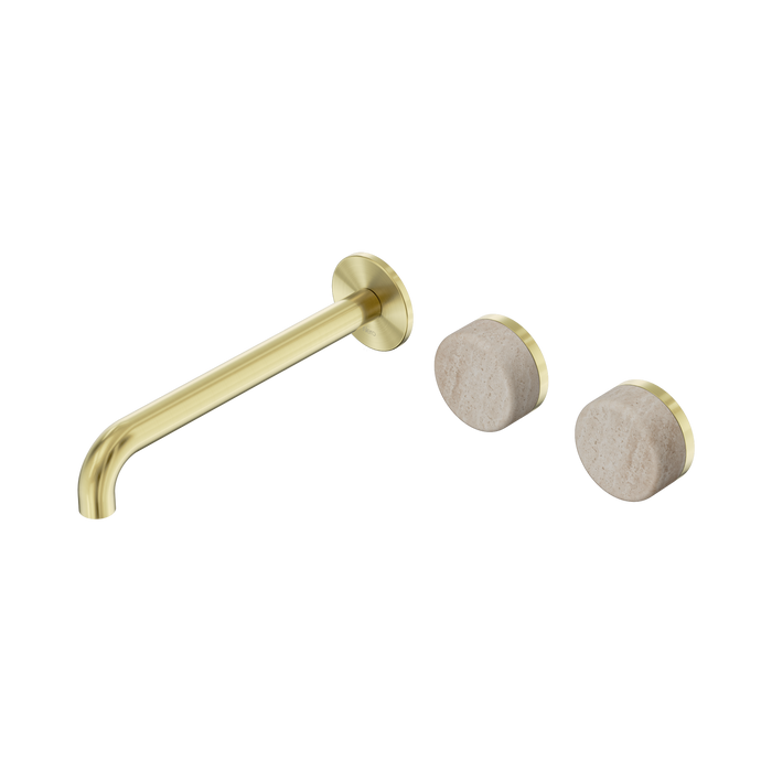 Nero Serenity Wall Basin Set 220mm Offset Spout With Rome Travertine Handle - Brushed Gold
