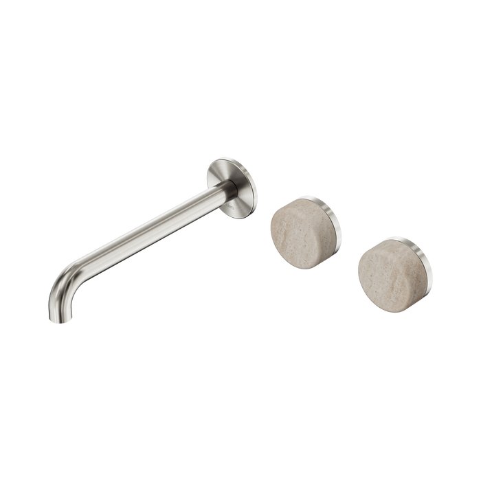 Nero Serenity Wall Basin Set 220mm Offset Spout With Rome Travertine Handle - Brushed Nickel