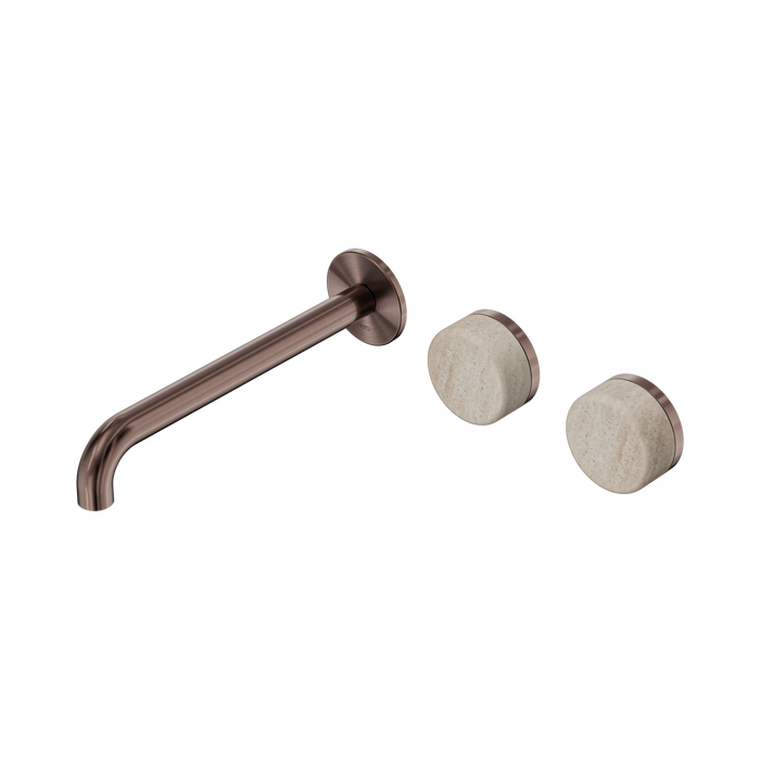 Nero Serenity Wall Basin Set 220mm Offset Spout With Rome Travertine Handle - Brushed Bronze