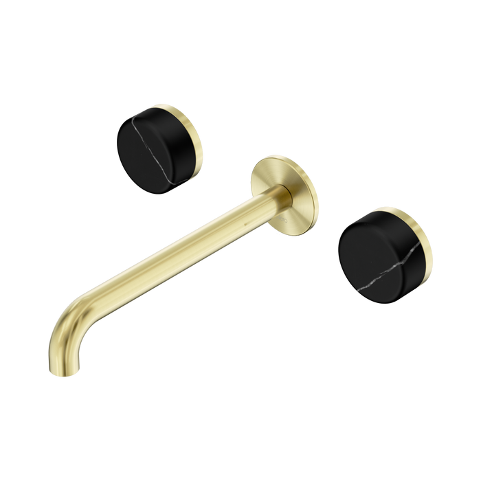 Nero Serenity Wall Basin Set 220mm Spout With Marquina Black Handle - Brushed Gold