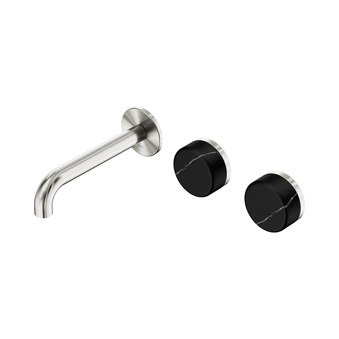 Nero Serenity Wall Basin Set 160mm Offset Spout With Marquina Black Handle - Brushed Nickel