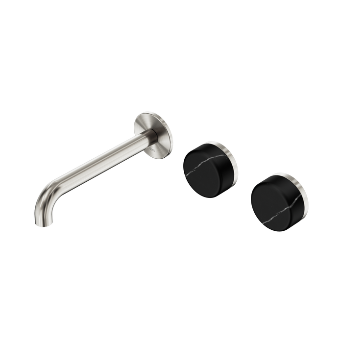 Nero Serenity Wall Basin Set 185mm Offset Spout With Marquina Black Handle - Brushed Nickel