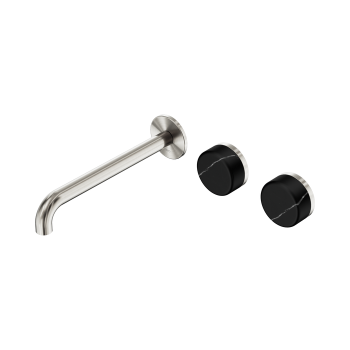 Nero Serenity Wall Basin Set 220mm Offset Spout With Marquina Black Handle - Brushed Nickel
