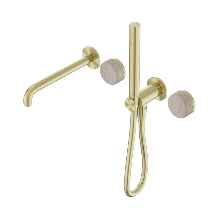 Nero Serenity Progressive Shower System With Spout With Rome Travertine Handle And Slim Shower - Brushed Gold