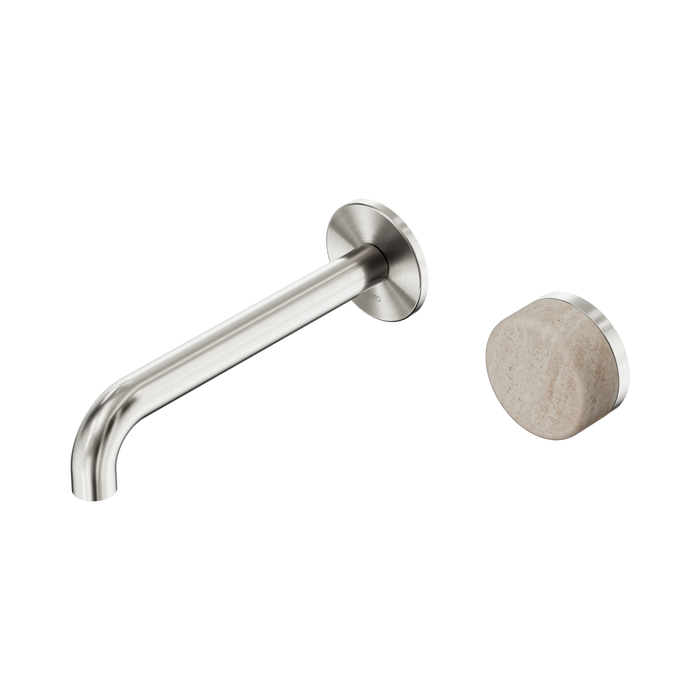Nero Serenity Progressive Wall Basin Mixer 185mm Spout With Rome Travertine Handle - Brushed Nickel