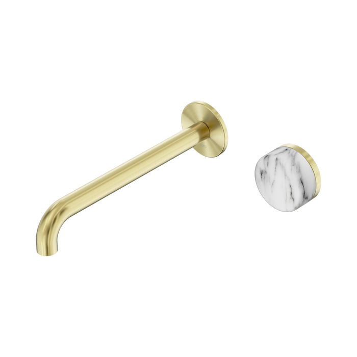 Nero Serenity Progressive Wall Basin Mixer 220mm Spout With Arabescato Corchia Handle - Brushed Gold