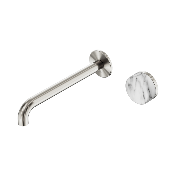 Nero Serenity Progressive Wall Basin Mixer 220mm Spout With Arabescato Corchia Handle - Brushed Nickel