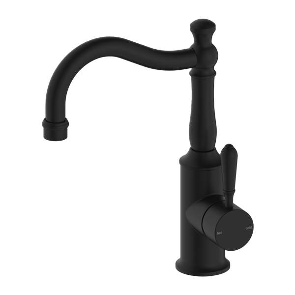 Nero York Basin Mixer Hook Spout With Metal Lever