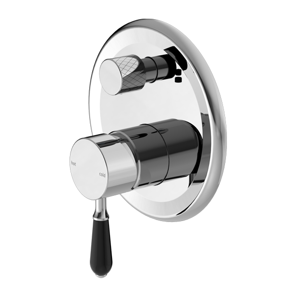 Nero York Shower Mixer With Divertor With Black Porcelain Lever