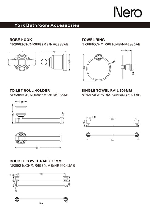 Nero York Single Towel Rail 600mm