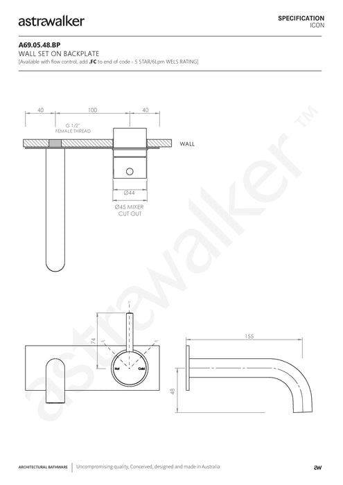 Astra Walker Icon Wall Set with Mixer on Backplate with 155x25mm Spout - a69.05.48.bp