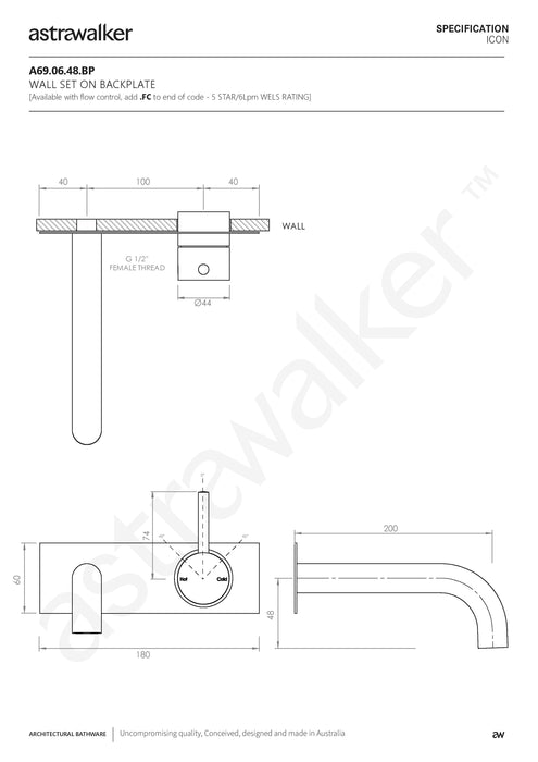 Astra Walker Icon Wall Set with Mixer on Backplate with 200x25mm Spout - a69.06.48.bp