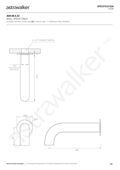 Astra Walker Icon Wall Bath Spout Only 200x32mm - a69.06.s.32