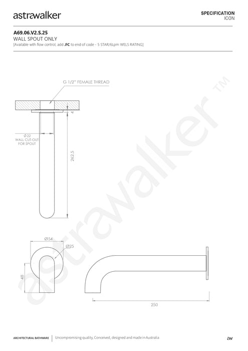 Astra Walker Icon Wall Bath Spout Only 250x25 mm - a69.06.v2.s.25