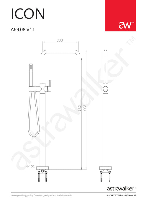 Astra Walker Icon Bath Mixer Floor Mounted with Hand Shower, Swivel Spout - a69.08.v11