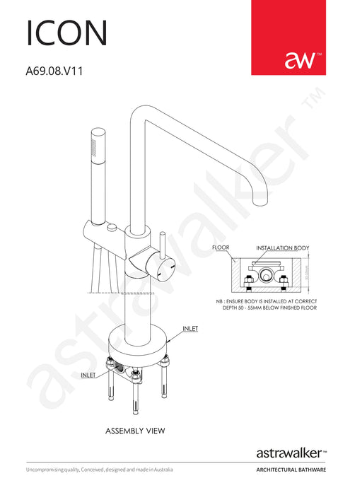 Astra Walker Icon Bath Mixer Floor Mounted with Hand Shower, Swivel Spout - a69.08.v11