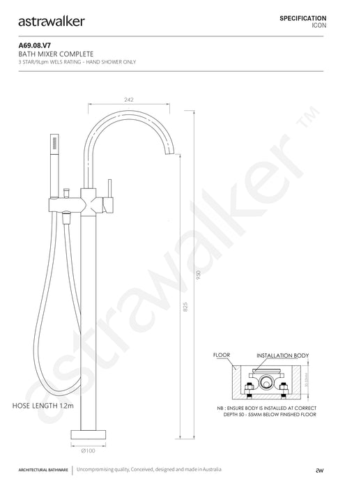 Astra Walker Icon Bath Mixer Floor Mounted with Hand Shower, Swivel Spout - a69.08.v7