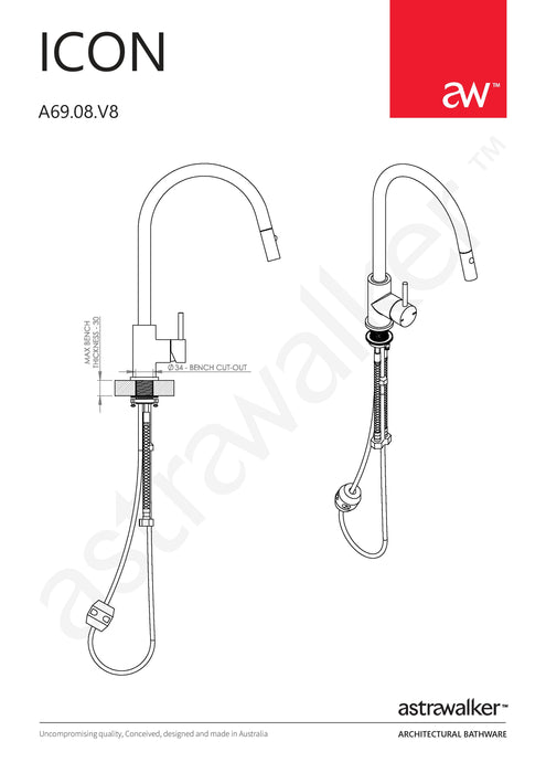 Astra Walker Icon Sink Mixer with swivel spout & pull-out spray - a69.08.v8