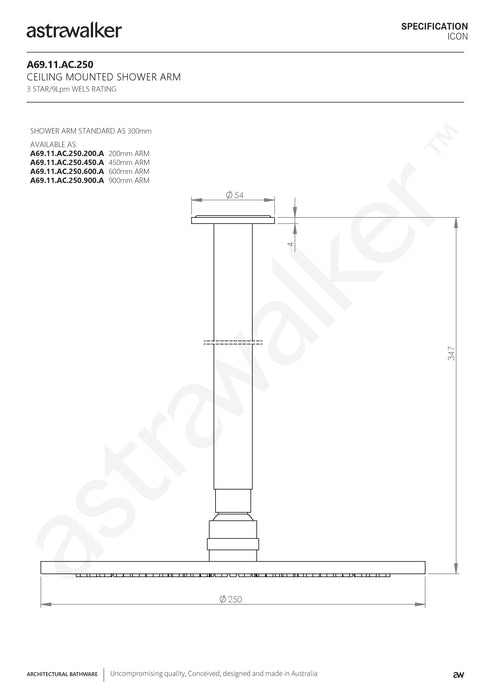 Astra Walker Icon Ceiling Mounted Shower with 300mm Arm & 250mm Rose - a69.11.ac.250