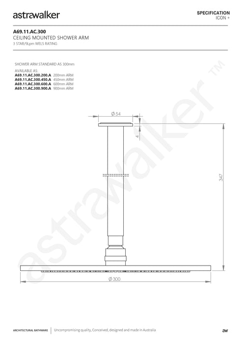 Astra Walker Icon Ceiling Mounted Shower with 300mm Arm & 300mm Rose - a69.11.ac.300