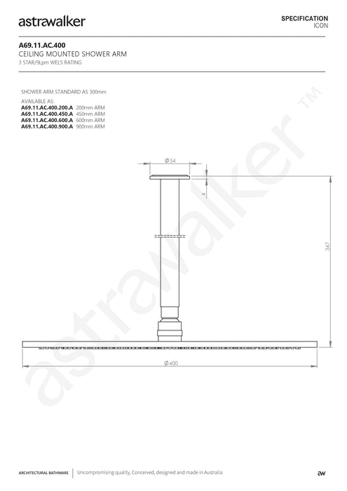 Astra Walker Icon Ceiling Mounted Shower with 300mm Arm & 400mm Rose - a69.11.ac.400