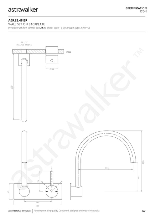 Astra Walker Icon Wall Set with Swivel Spout & Mixer on Backplate - a69.28.48.bp