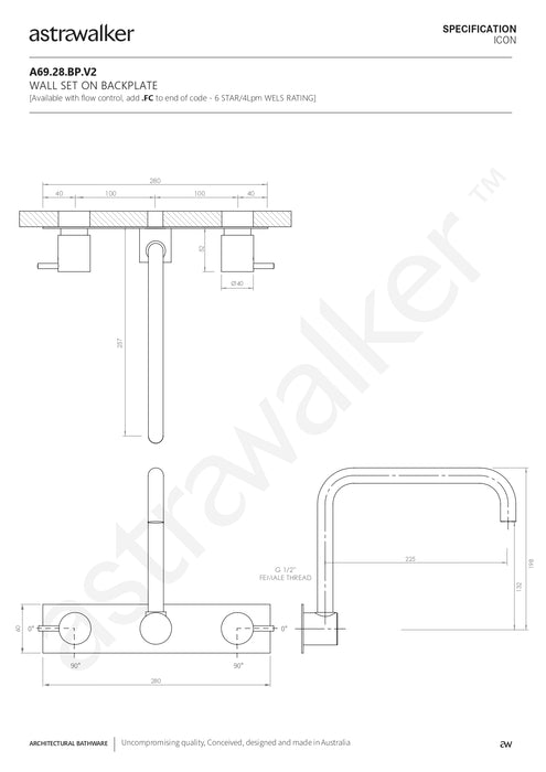 Astra Walker Icon Wall Set with Swivel Spout & Mixer on Backplate - a69.28.bp.v2