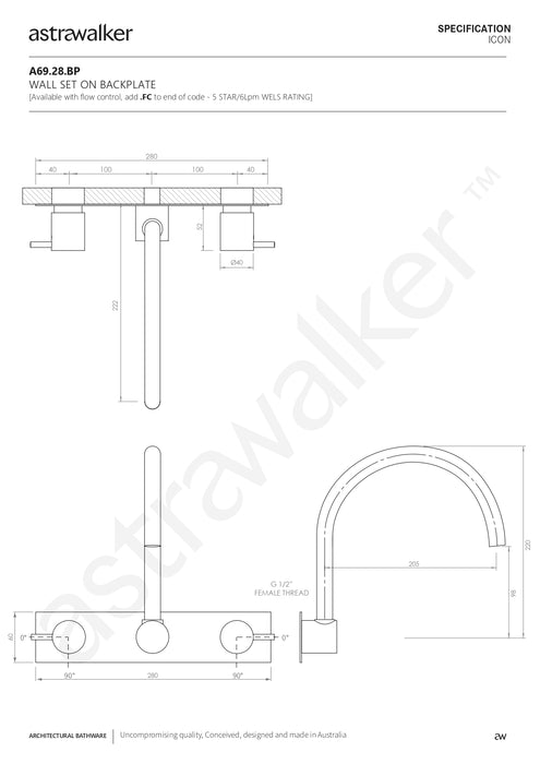 Astra Walker Icon Wall Set on Backplate with Swivel Spout - a69.28.bp