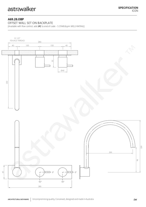 Astra Walker Icon Wall Set on Backplate Offset with swivel spout - a69.28.obp