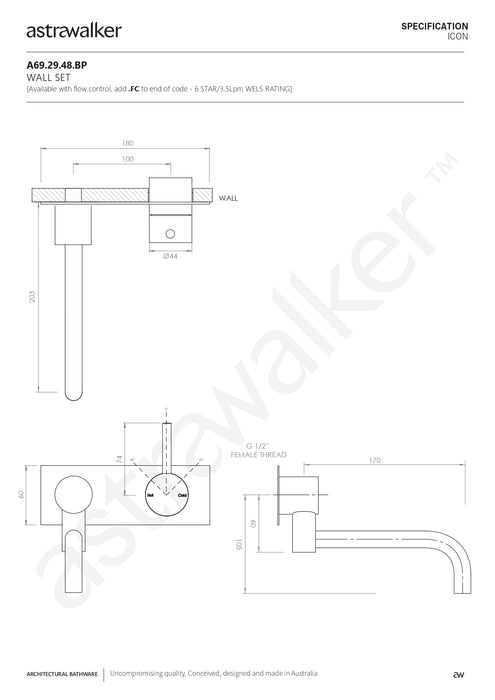 Astra Walker Icon Wall Set with Underslung Swivel Spout & Mixer on Backplate - a69.29.48.bp